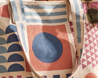 Sac cabas de plage en toile de coton imprimée à la main, sac de marché à bandoulière géométrique