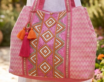Sac hobo bohème rose, sac à bandoulière en jacquard de coton, sac à main ethnique en perles, cabas festival