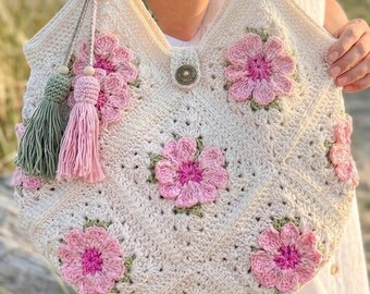 Sac carré grand-mère fleur au crochet fait main, sac à main fourre-tout fleuri bohème