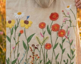Hand Embroidered Floral Canvas Tote Bag with Zipper, Personalized Shopper