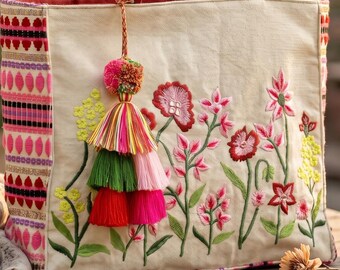 Sac fourre-tout bohème en jacquard de coton brodé de fleurs, sac à main porté épaule artisanal