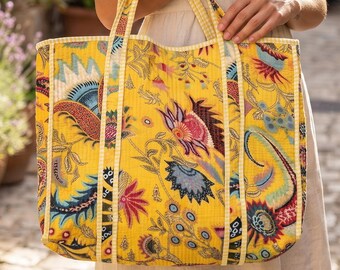 Sac cabas en coton matelassé, grand sac bandoulière à imprimé floral Jaipur, sac cabas bohème