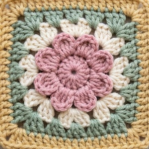 Può includere: Un quadrato all'uncinetto fatto a mano con un motivo floreale. Il centro del quadrato è un fiore rosa, circondato da punti all'uncinetto bianchi, verdi e gialli. I bordi sono rifiniti con un bordo giallo. Probabilmente è un sottobicchiere o parte di un progetto più ampio.
