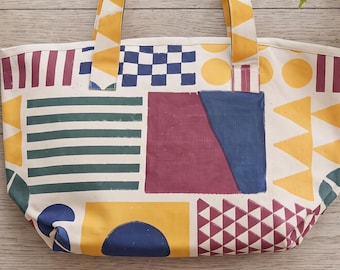 Sac cabas en toile de coton imprimée à la main, sac de voyage géométrique à bandoulière