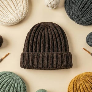 Op de afbeelding: Een verzameling geribbelde gebreide mutsen in verschillende kleuren, waaronder crème, houtskool, bruin, groen en mosterdgeel. Verschillende bollen wol en haaknaalden zijn rond de hoeden gerangschikt, wat wijst op een handgemaakt thema.