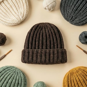 May include: A collection of ribbed knit beanies in various colors, including cream, brown, gray, green, and mustard yellow. Several balls of yarn and crochet hooks are scattered around the hats, suggesting a handmade craft theme.