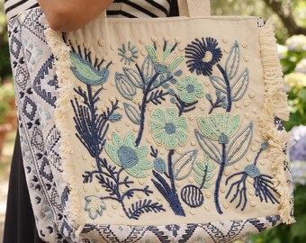 Sac cabas en toile brodée à la main à motifs floraux, sac bandoulière en coton botanique, sac à fermeture éclair bohème