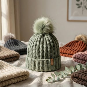 Patrón de gorro de canalé a crochet / Gorro de ala doblada para principiantes (PDF) / Pompón opcional / Descarga instantánea