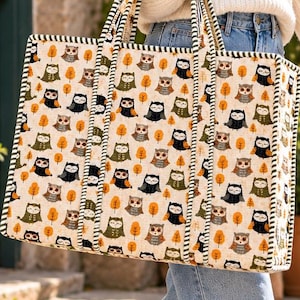 Quilted Owl Print Tote Bag, Autumn Woodland Zipper Shoulder Bag with Pockets