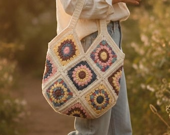 Handmade Crochet Daisy Granny Square Tote Bag – Boho Floral Market Bag