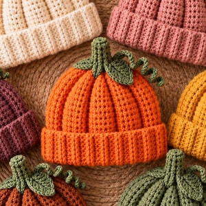 May include: Six crocheted beanies shaped like pumpkins in cream, dusty pink, purple, orange, yellow, brown, and green. Each hat features a ribbed texture, a green stem, and two green leaves with a curly vine detail on top of the crown.