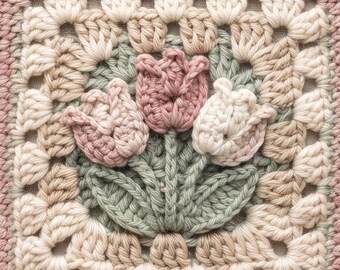 Lot de 6 modèles de carrés fleuris au crochet | Motifs marguerite, tulipe, trèfle (Téléchargement PDF)