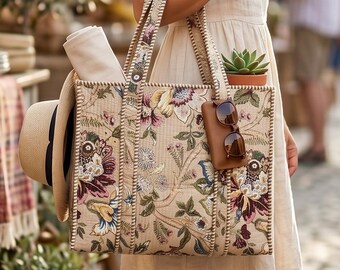Beige Botanical Quilted Cotton Tote Bag – Floral Travel Shoulder Bag with Zipper