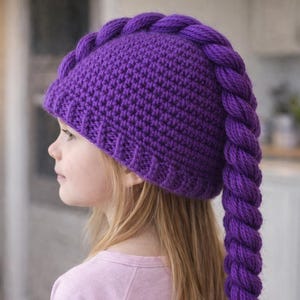 May include: A vibrant purple crochet hat with a long, braided tail. The hat is a deep violet color and features a textured design. The braided tail hangs down, ending in a tassel. The hat is likely handmade and suitable for children.