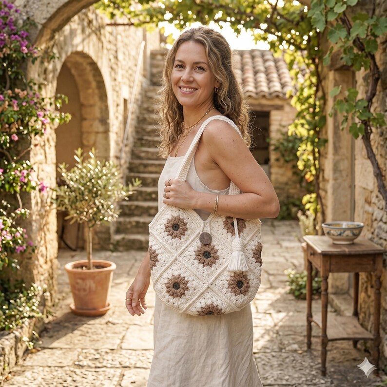 Handmade Crochet Granny Square Bag – Boho Floral Cotton Shoulder Purse image 4