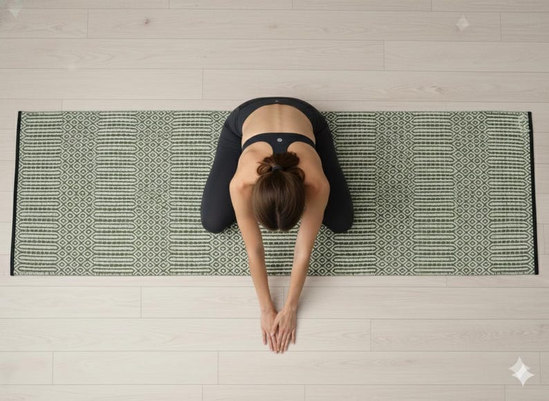 Puede incluir: Una esterilla de yoga rectangular con un patr&oacute;n geom&eacute;trico repetitivo en verde salvia y blanco roto. La esterilla tiene un borde oscuro en los lados cortos y est&aacute; colocada horizontalmente sobre un suelo de madera clara.