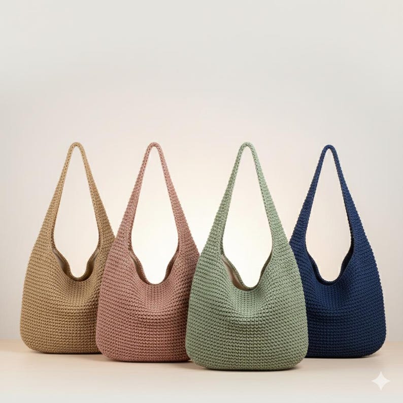 May include: Four hobo-style shoulder bags arranged in a row, each featuring a textured, woven knit construction. The bags are presented in four distinct solid colors: beige, dusty rose, sage green, and navy blue, all with a single integrated strap.