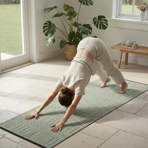 Puede incluir: Una esterilla de yoga rectangular con un patr&oacute;n geom&eacute;trico en verde salvia y blanco que presenta motivos repetitivos de diamantes y c&iacute;rculos. La esterilla tiene un borde negro fino y est&aacute; colocada sobre un suelo de piedra de color claro.