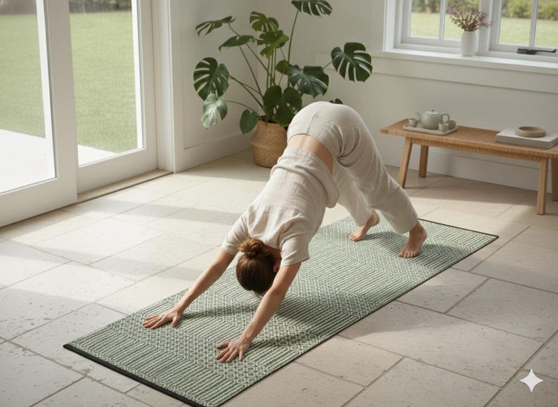 Puede incluir: Una esterilla de yoga rectangular con un patr&oacute;n geom&eacute;trico en verde salvia y blanco que presenta motivos repetitivos de diamantes y c&iacute;rculos. La esterilla tiene un borde negro fino y est&aacute; colocada sobre un suelo de piedra de color claro.