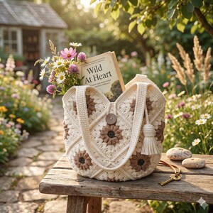 May include: A cream and brown crochet tote bag featuring a floral granny square pattern, a central wooden button closure, and a matching cream tassel. A book titled Wild At Heart and a bouquet of wildflowers are tucked inside the bag.