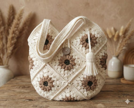Handmade Crochet Granny Square Bag – Boho Floral Cotton Shoulder Purse