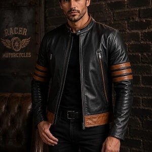 May include: A black leather jacket featuring a stand-up collar, a full-length front zipper, and two vertical zippered pockets. The jacket includes brown leather accents on the collar, hem, and three horizontal stripes on each sleeve.