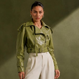 Olive Green Leather Cropped Moto Jacket, Belted Asymmetric Aviator Coat