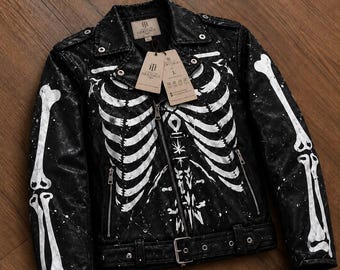Veste en cuir à motif de cage thoracique squelette | Punk gothique | Costume unisexe streetwear d'Halloween | Style punk rock rebelle | Costume d'Halloween en cuir | Cadeau