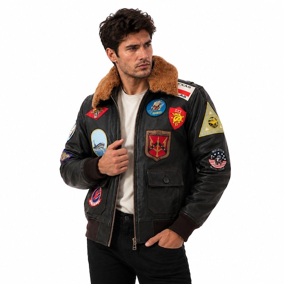 Tom Cruise Top Gun Leather Bomber Jacket Men, Maverick G-1 Flight Jacket with Patches & Fur Collar, Premium Aviator Costume Gift