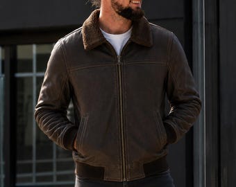 Blouson aviateur homme en cuir marron effet vieilli/noir avec col en fourrure - Blouson aviateur