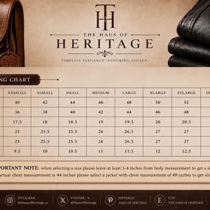 Peut inclure: Un tableau des tailles beige pour The Haus of Heritage pr&eacute;sentant une grille avec des cat&eacute;gories incluant poitrine, taille, &eacute;paule, manches, longueur de dos et poignet en pouces pour des tailles de XXSmall &agrave; 4XLarge avec une note sur la coupe.