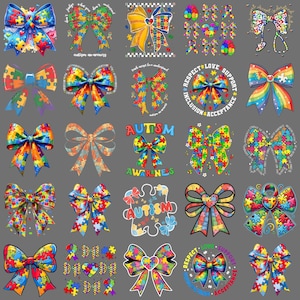 May include: A collection of colorful bow designs, many featuring puzzle piece patterns and the words "Autism Awareness." The bows are in various styles and colors, including red, blue, yellow, and green. Some designs include text like "Respect, Love, Support, Inclusion, Acceptance."