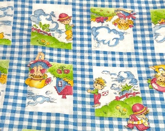 vintage 1980’s children’s fabric, cute girl & boy, blue gingham