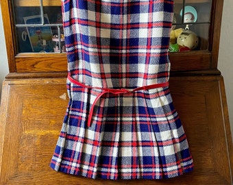 vintage girls sleeveless plaid dress with belt, schoolgirl dress, 10 year old