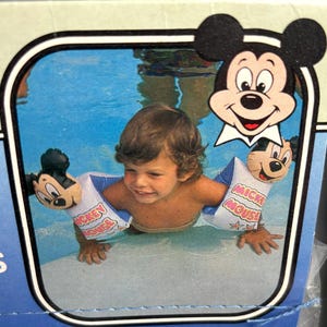 vintage The Waterline Mickey Mouse pool floaties and raft, Walt Disney Prod, Ideal Toys, Walt Disney Character Swim Aids, See Thru Raft