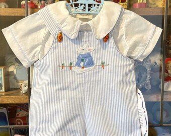 vintage Rebecca Raggs Original shortalls, 3 months, bunny appliqué, embroidered carrots, NOS, Easter outfit