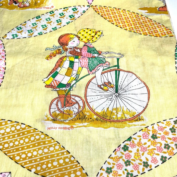 vintage 1980’s Holly Hobbie fabric, yellow, quilt circles, prairie girls, flowers