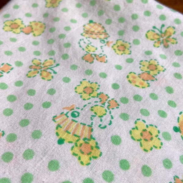 vintage mini crib sheet, pack n play sheet, fitted baby sheet, chicks, flowers, mushrooms, yellow orange & green, retro 1970’s