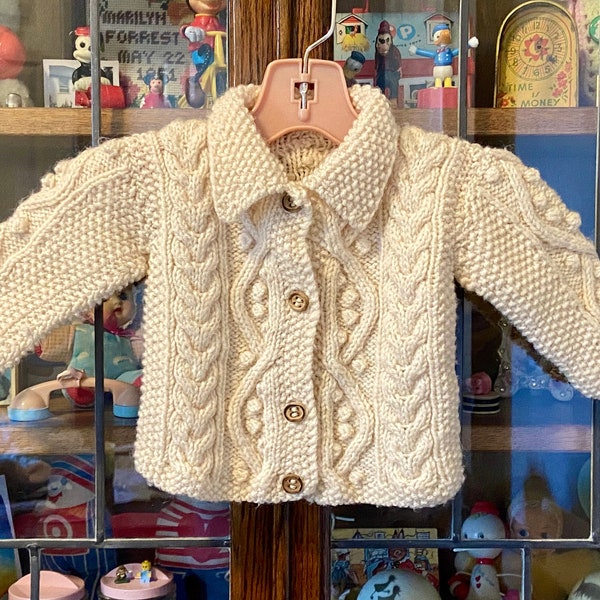 vintage beige baby sweater cardigan, wood buttons, chunky cable knit, 6-12 months