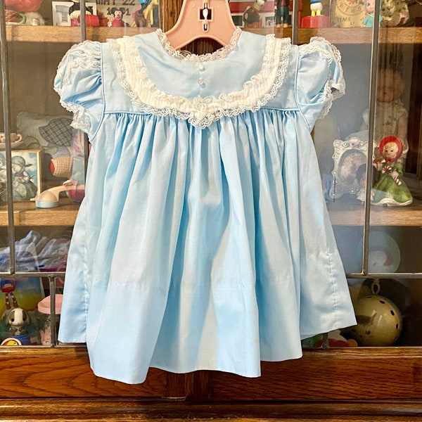 vintage baby blue baby dress with lace, 12 months, C I Castro & Co, *stains-see pics*