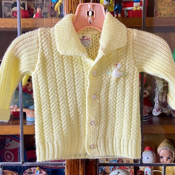 vintage 70’s knit baby sweater and pants set, Cradle Knit, yellow, embroidered swan, footed pants, 6 months