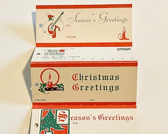 vintage Christmas tags and seals, 4 card stock tags, 3 foil seals, coin envelope