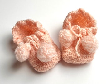 vintage knit pink baby booties with pom pom’s, infant, nursery decor, baby shower decor, crib shoes