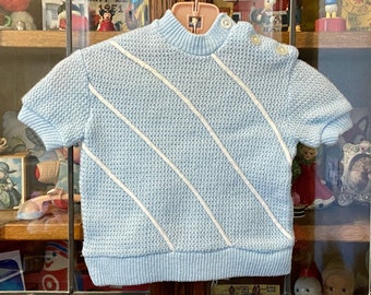 vintage baby sweater, baby blue, white piping, newborn 0-3 months