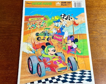 vintage Mickey Mouse race car frame tray puzzle, Walt Disney Co, age 3-7, Minnie Mouse, Donald Duck, racetrack