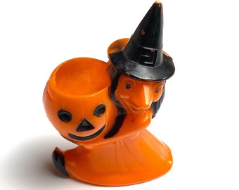 vintage 1950’s Rosbro Plastics witch candy holder, retro Halloween decor, jack-o-lantern