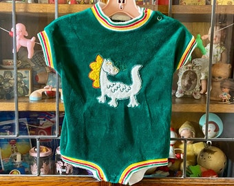 vintage baby romper, emerald green velour, dragon appliqué, multicolored stripe trim, 12 months, gender neutral