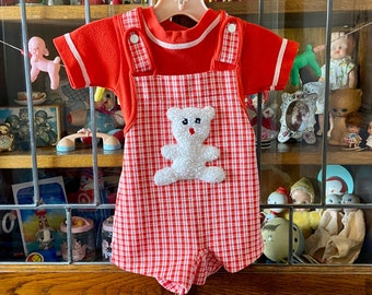 vintage Carter’s teddy bear baby romper and shirt, overall shorts, 12 months, fuzzy bear appliqué, red & white plaid