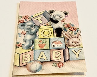 vintage, set of 2, new baby gift cards, bears, toy blocks, To Baby, NOS, unused