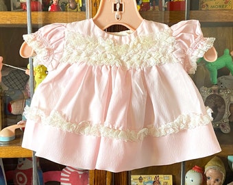 vintage pale pink newborn dress, Bryan, ruffled lace, infant, preemie